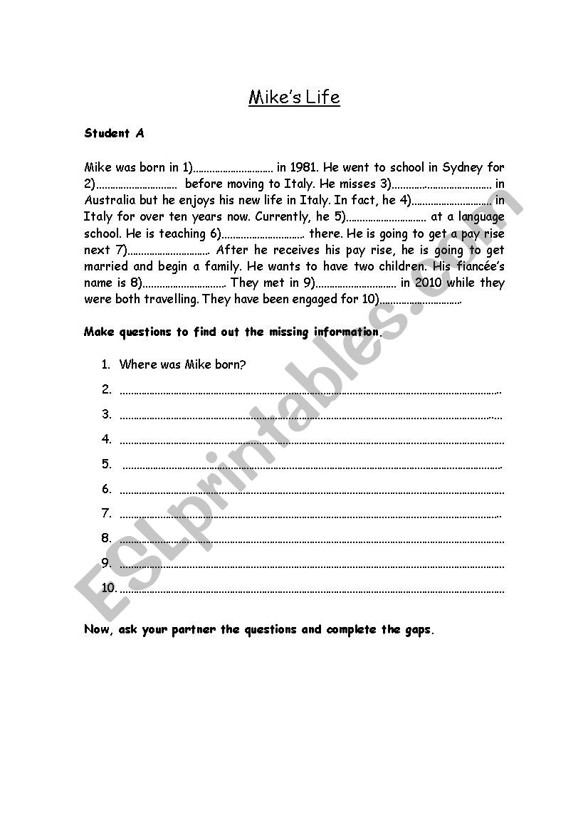 Gap fill speaking exercise worksheet