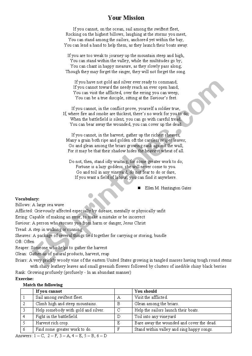 Your Mission worksheet