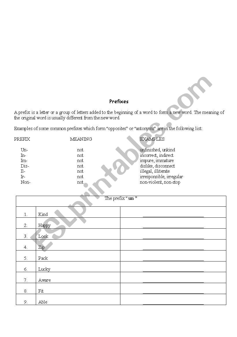 Prefixes worksheet