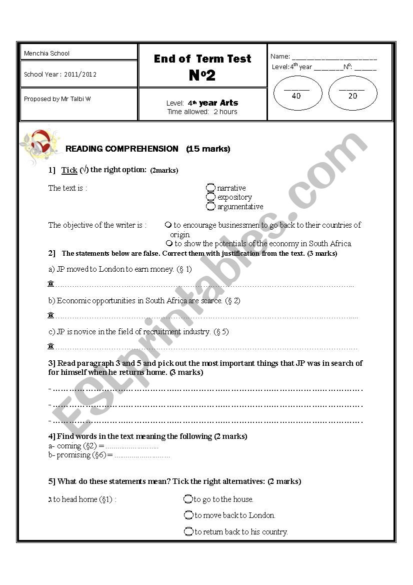 end of term test n=2 for bac pupils