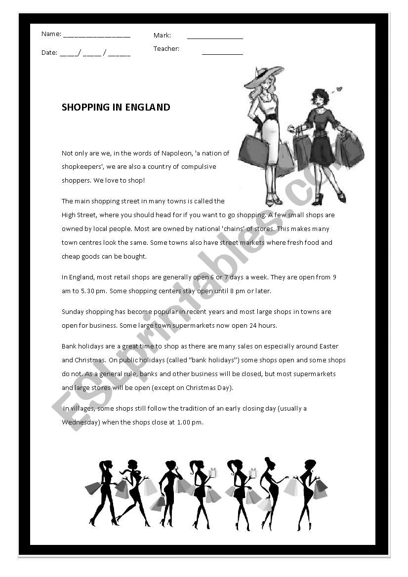 Shopping in England worksheet