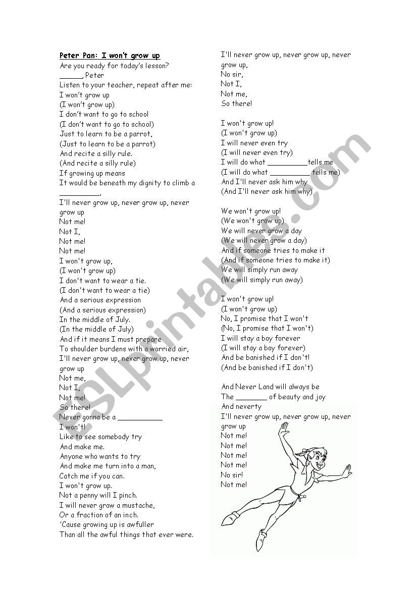 I won´t grow up (Peter Pan) ESL worksheet by cereza88
