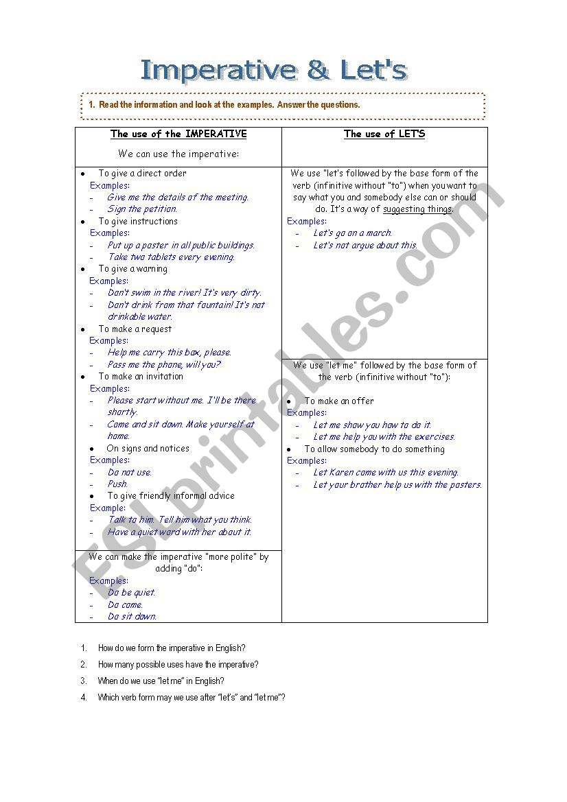 IMPERATIVE & LETS  worksheet