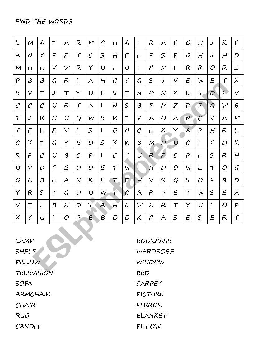 Furniture wordsearch worksheet