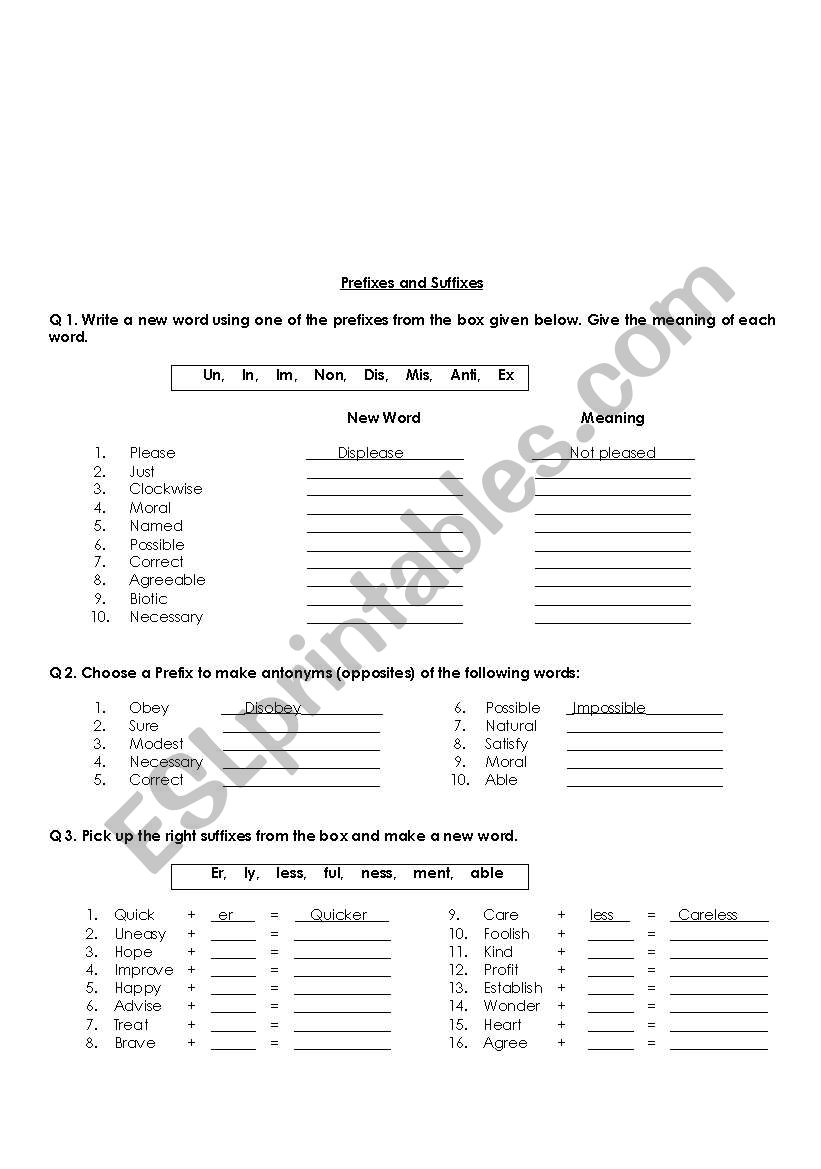 Prefixes and Suffixes - ESL worksheet by sushroy With Prefixes And Suffixes Worksheet