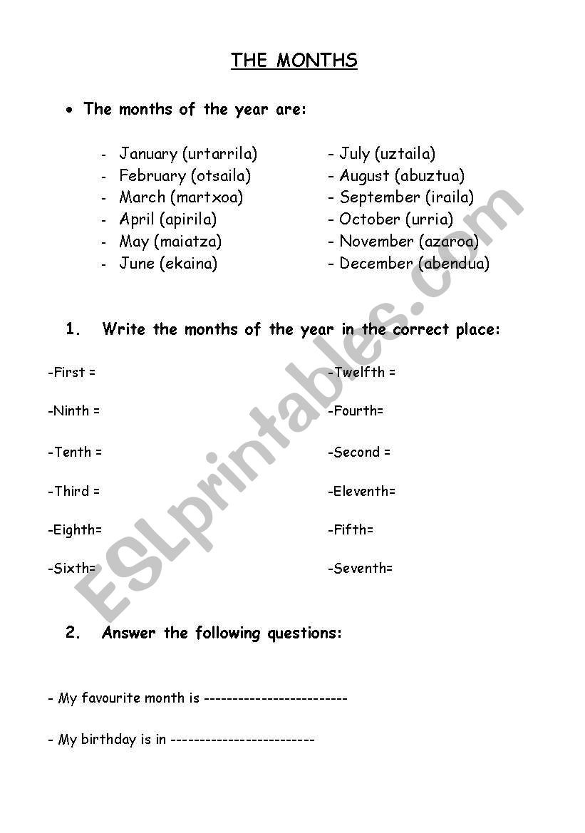 Months worksheet