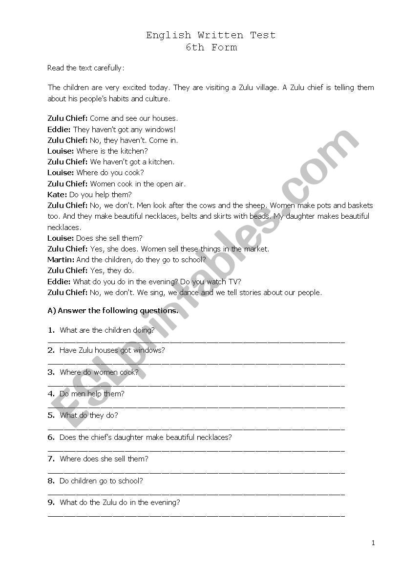 Test or Revision Worksheet worksheet