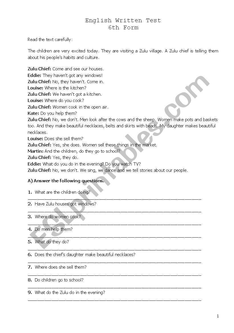 Test or Revision Worksheet worksheet