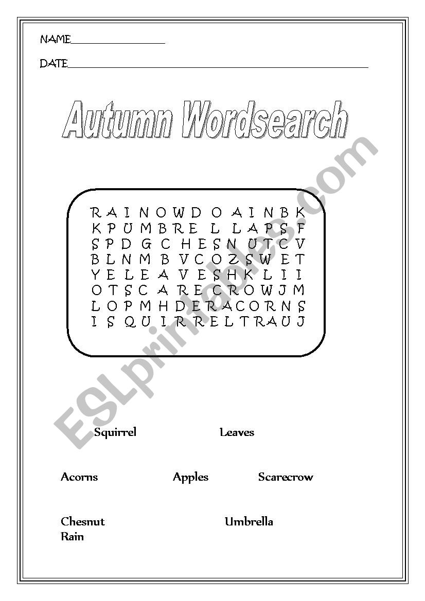 Autumn wordsearch worksheet