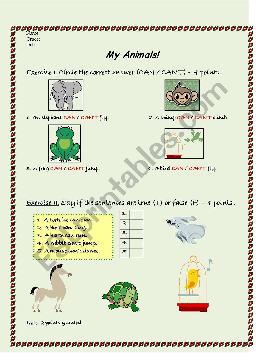 TEST PAPER (CAN - CANT) worksheet