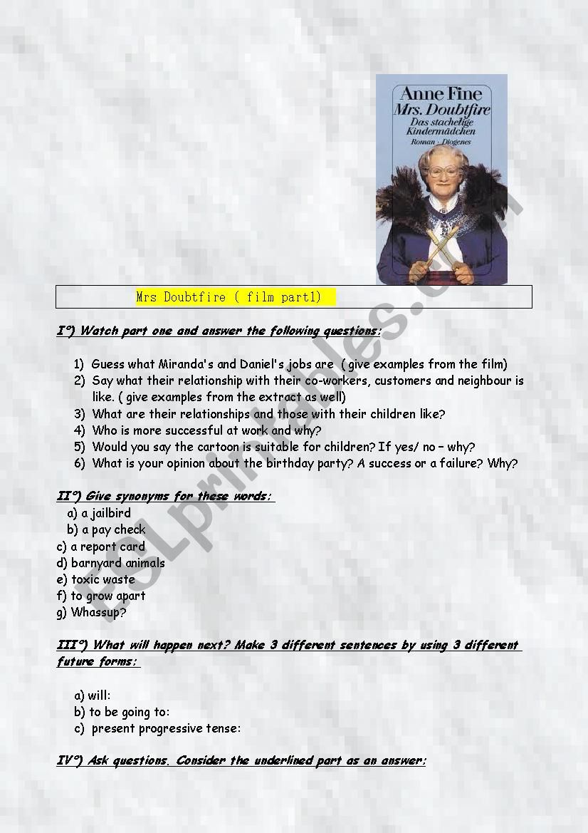 Film : Mrs Doubtfire part1 worksheet