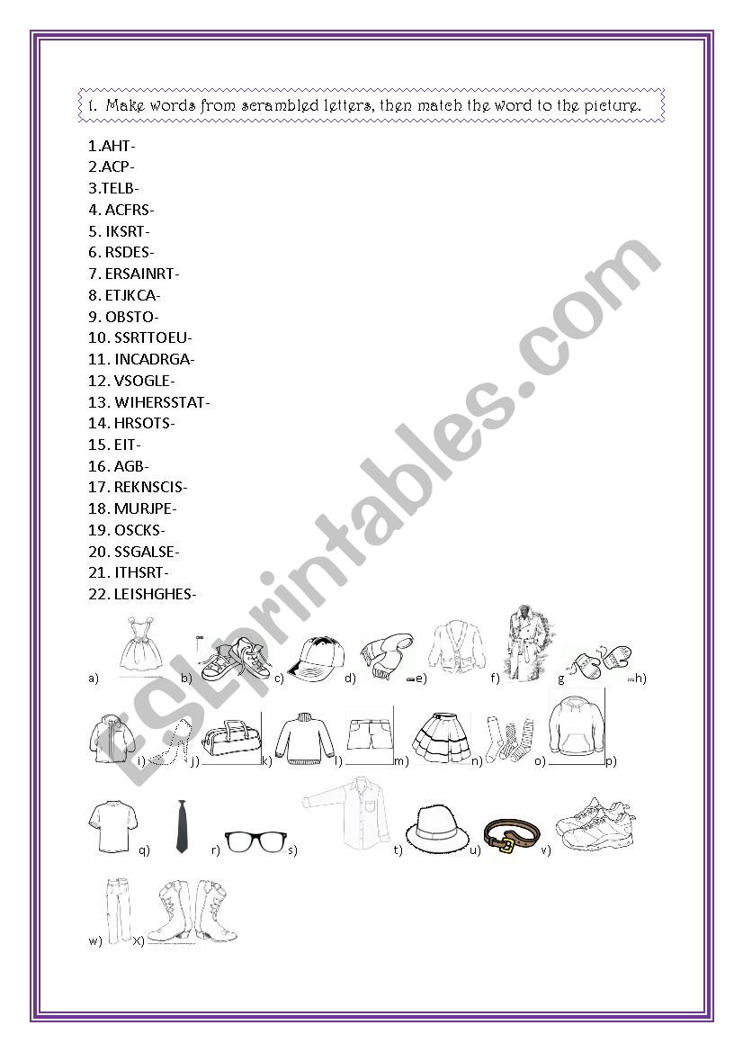 clothes-scrambled letters worksheet