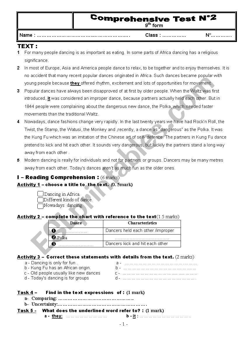 end of term test n°1 9th form - ESL worksheet by massar-mm