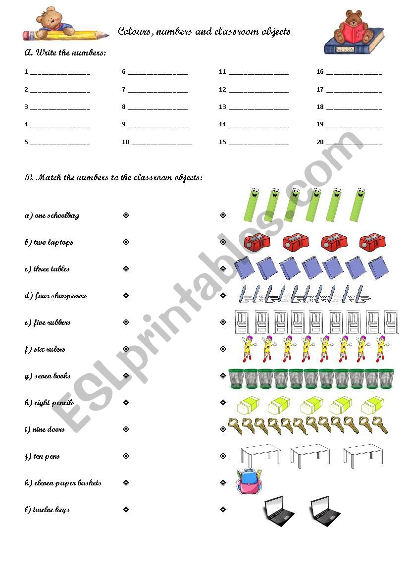 colours, numbers and classroom objects