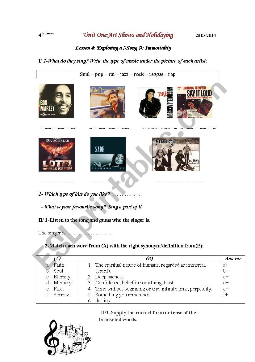 Lesson 4 Exploring A Song worksheet