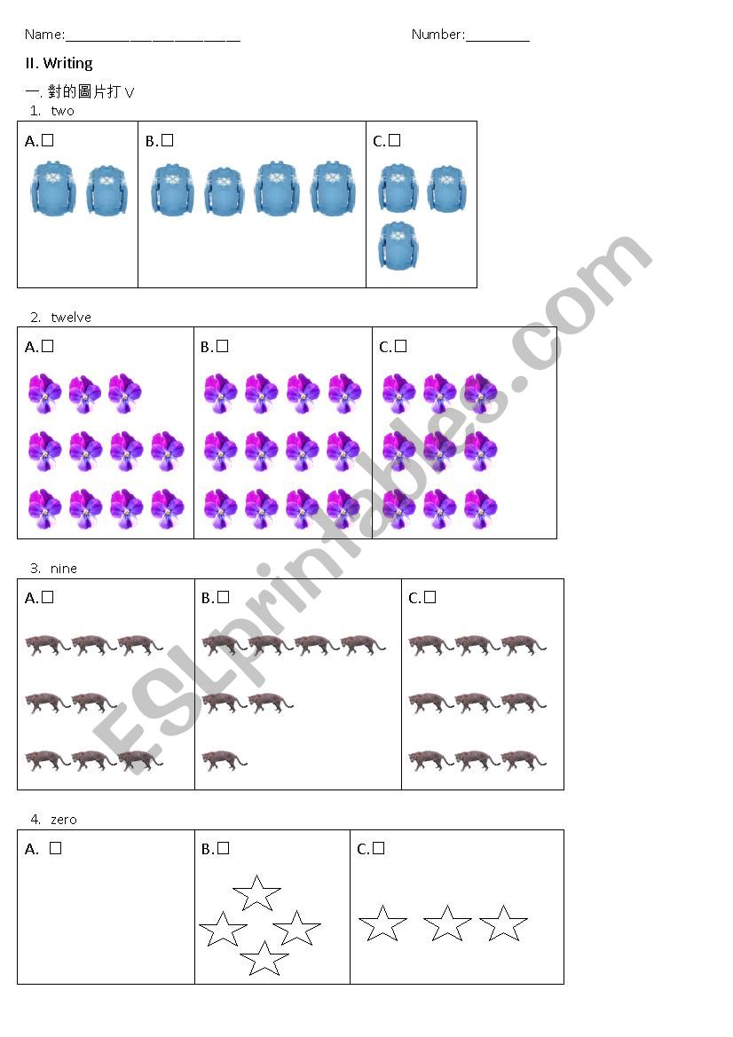 Quiz for number o to 20 worksheet