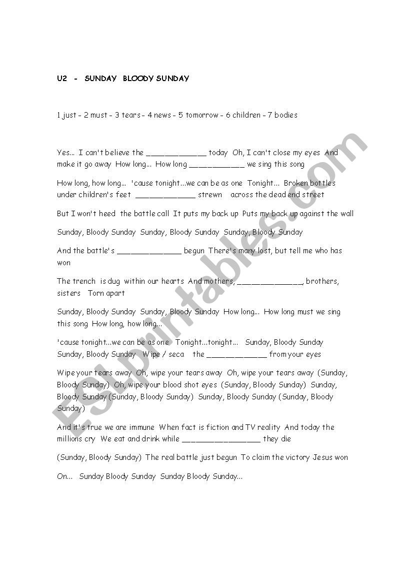 SUNDAY  BLOODY SUNDAY - U2  worksheet