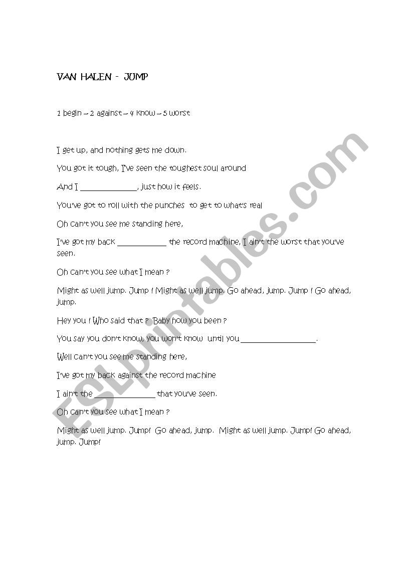 JUMP - VAN  HALEN   worksheet