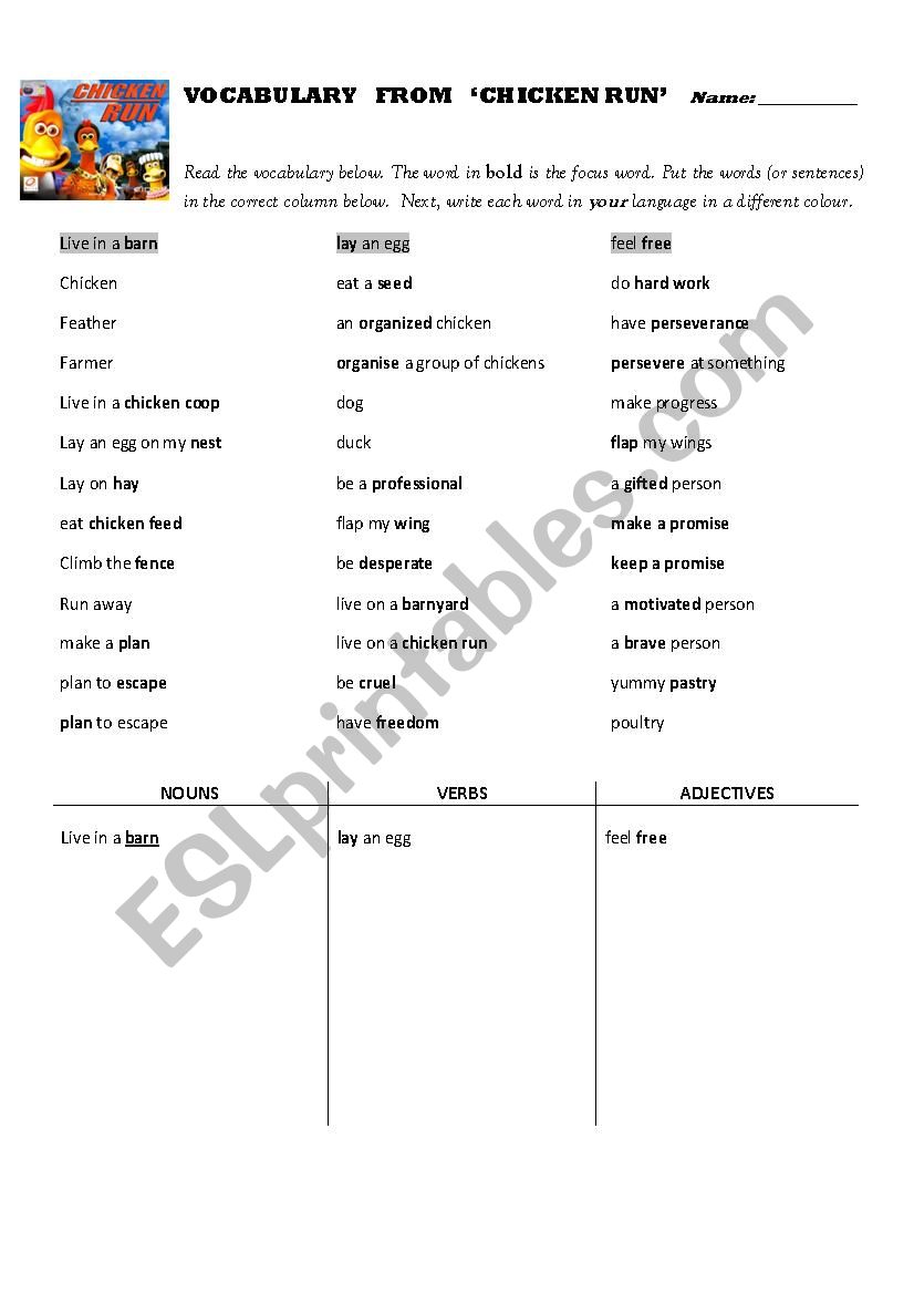 Chicken Run Vocabulary and Word Form Worksheet and Lesson Plan