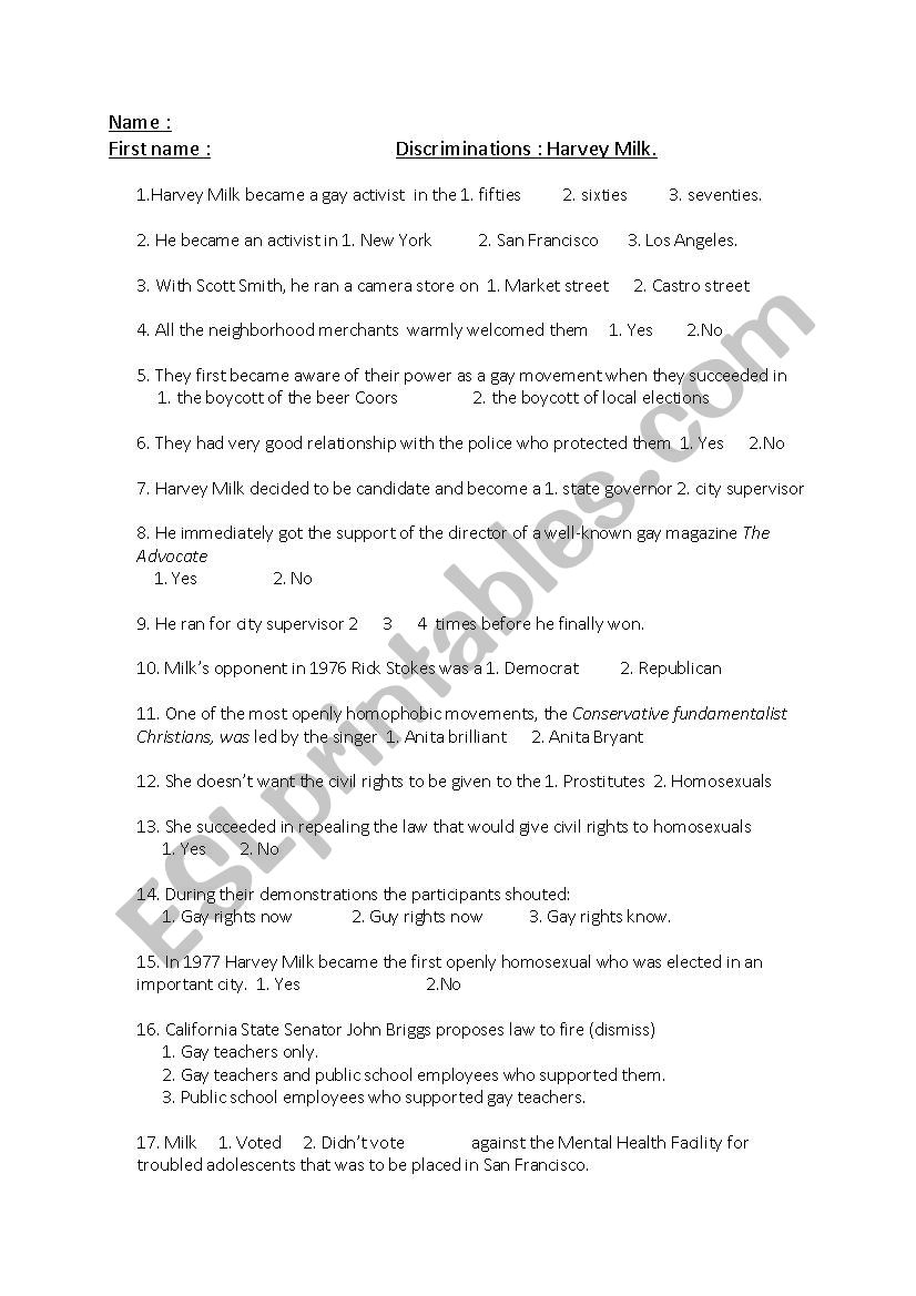 Harvey Milk (The movie) worksheet