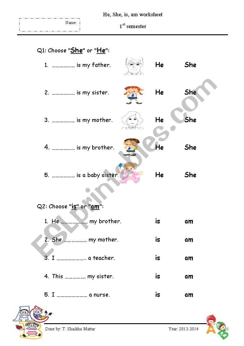 he, she, is, am worksheet worksheet