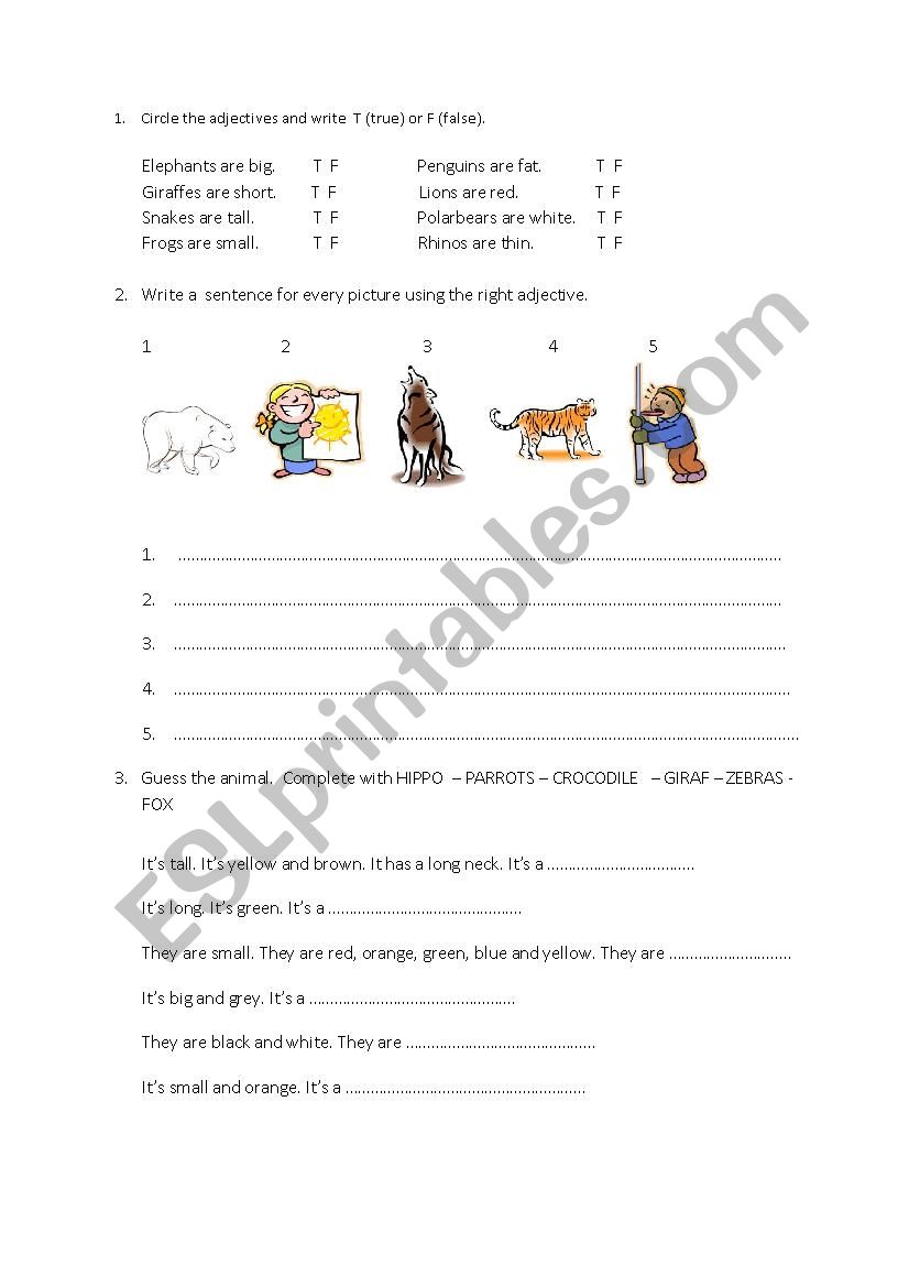 Adjectives and animals worksheet