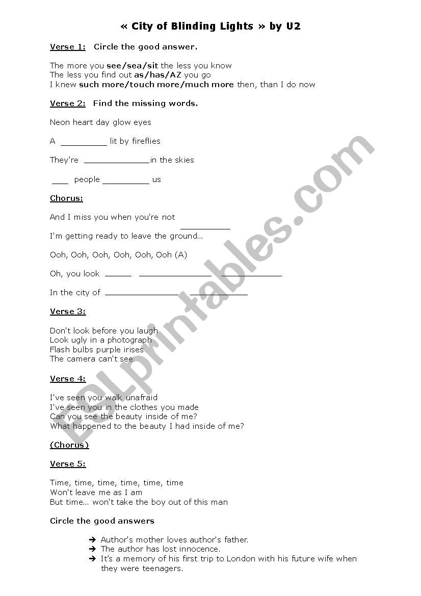 City of blinding lights - U2 worksheet