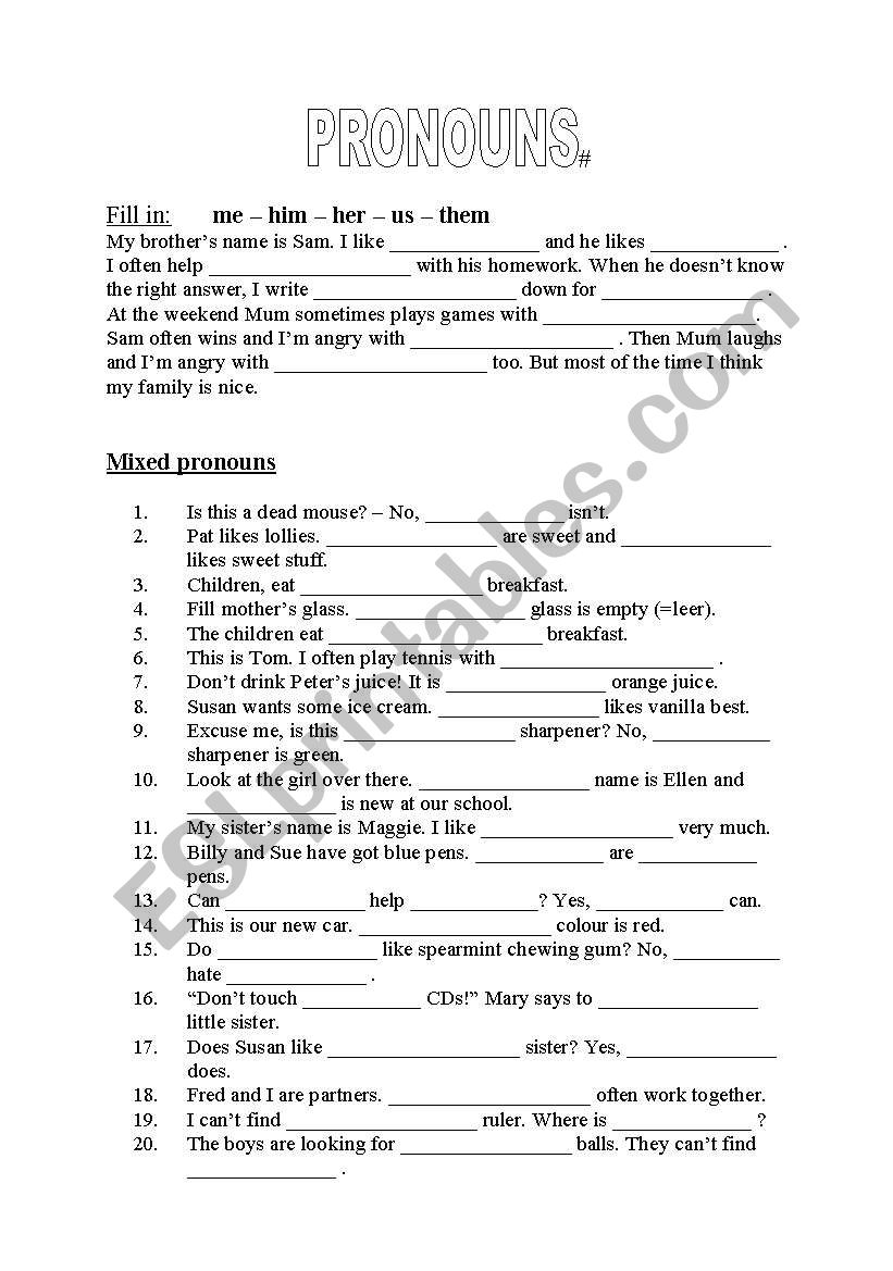 Pronouns worksheet