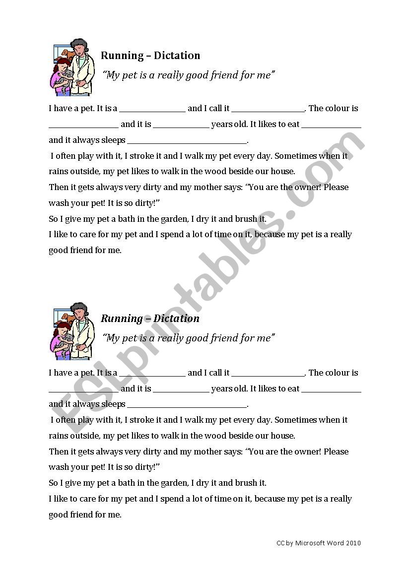 My pet - Running Dictation worksheet