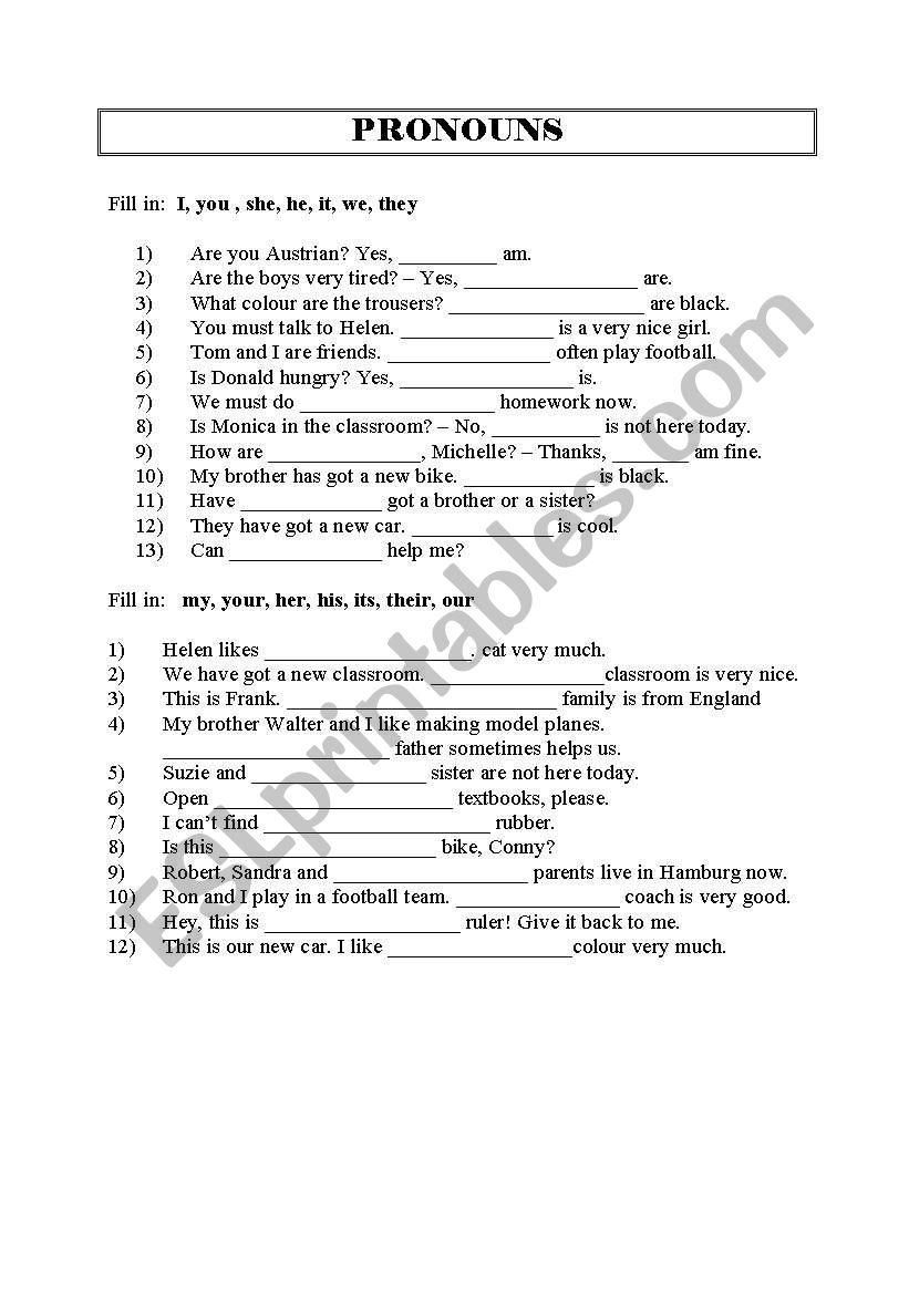 Pronouns worksheet