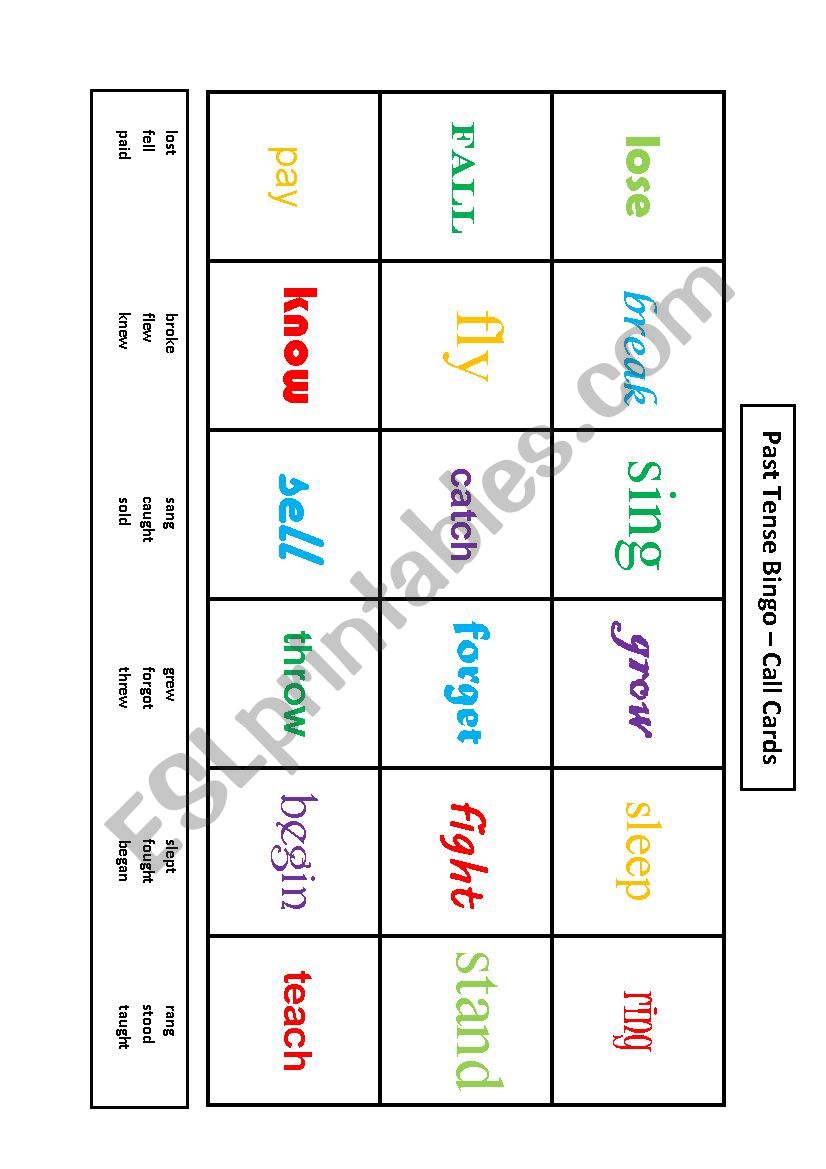 Irregular verbs bingo worksheet