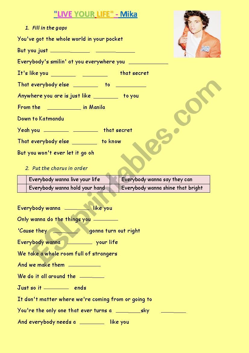 LIVE YOUR LIFE song -MIKA worksheet