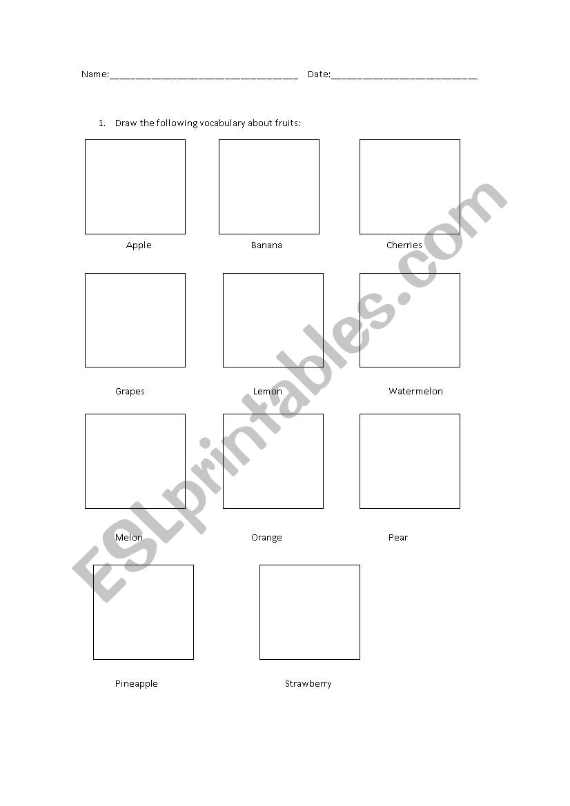 Draw fruits vocabulary handout