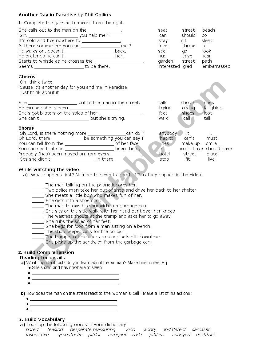 Another Day in Paradise worksheet