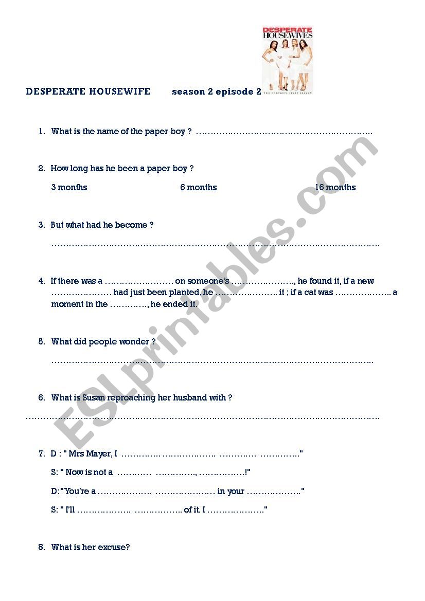 DESPERATE HOUSEWIVES season 2 worksheet