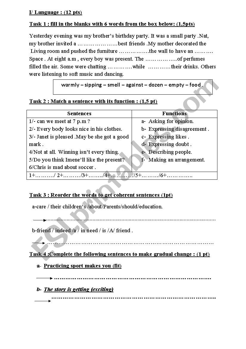 8th form mid -term test n° 2 - ESL worksheet by nadine charfeddine