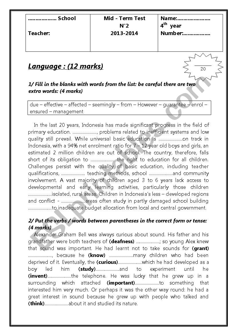 Mid - term test 2 for bac pupils 2014