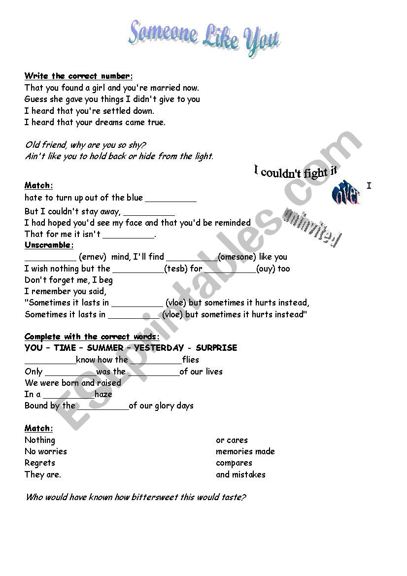 someone like you worksheet