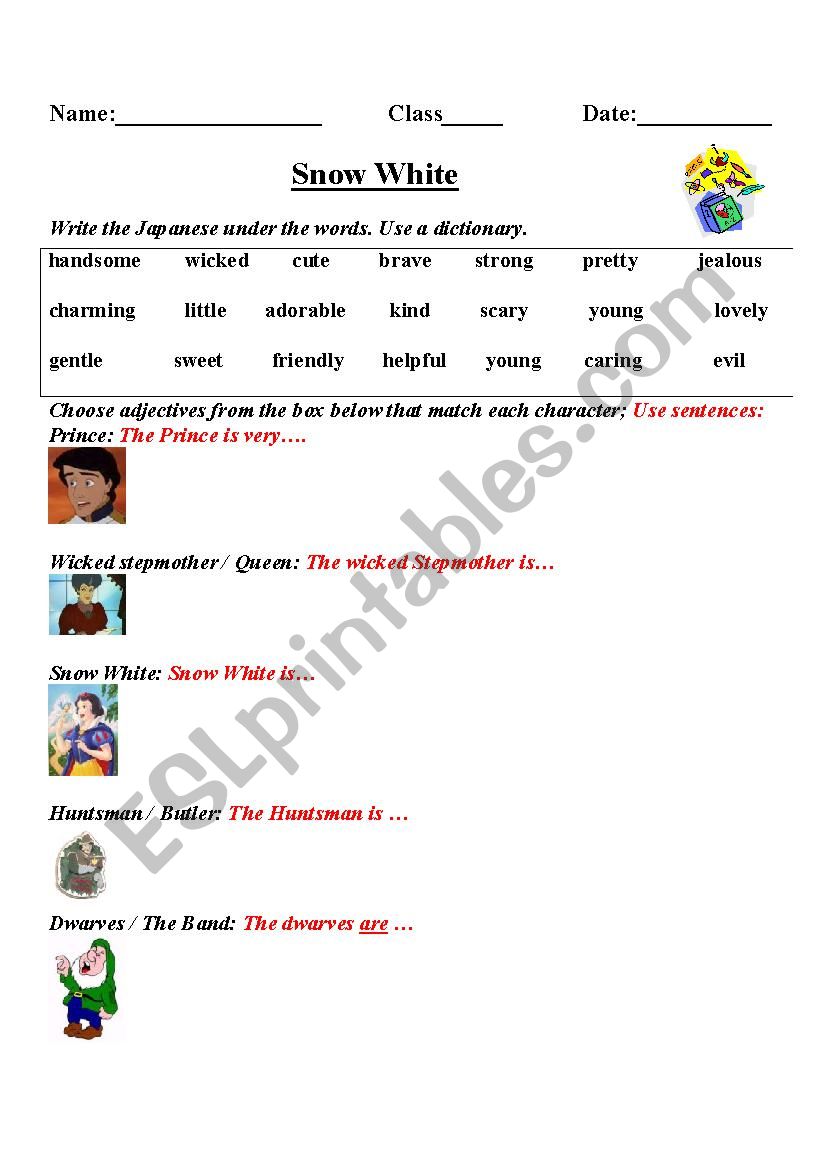 Snow White Adjectives worksheet