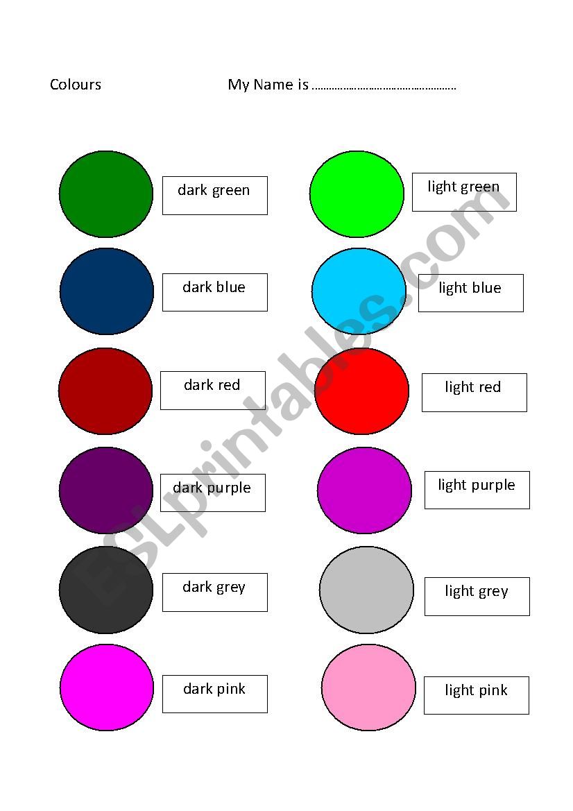 Light and dark colours worksheet