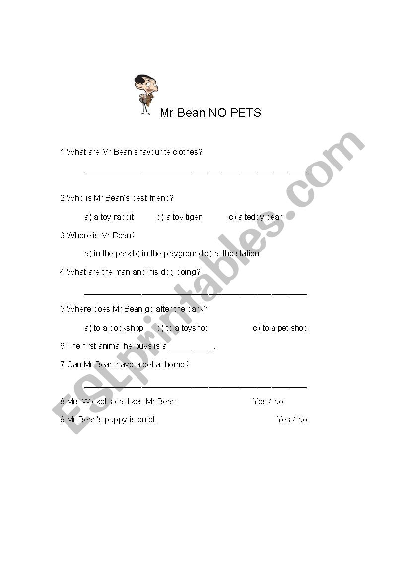 Mr Bean Cartoon No Pets Comprehension Activity