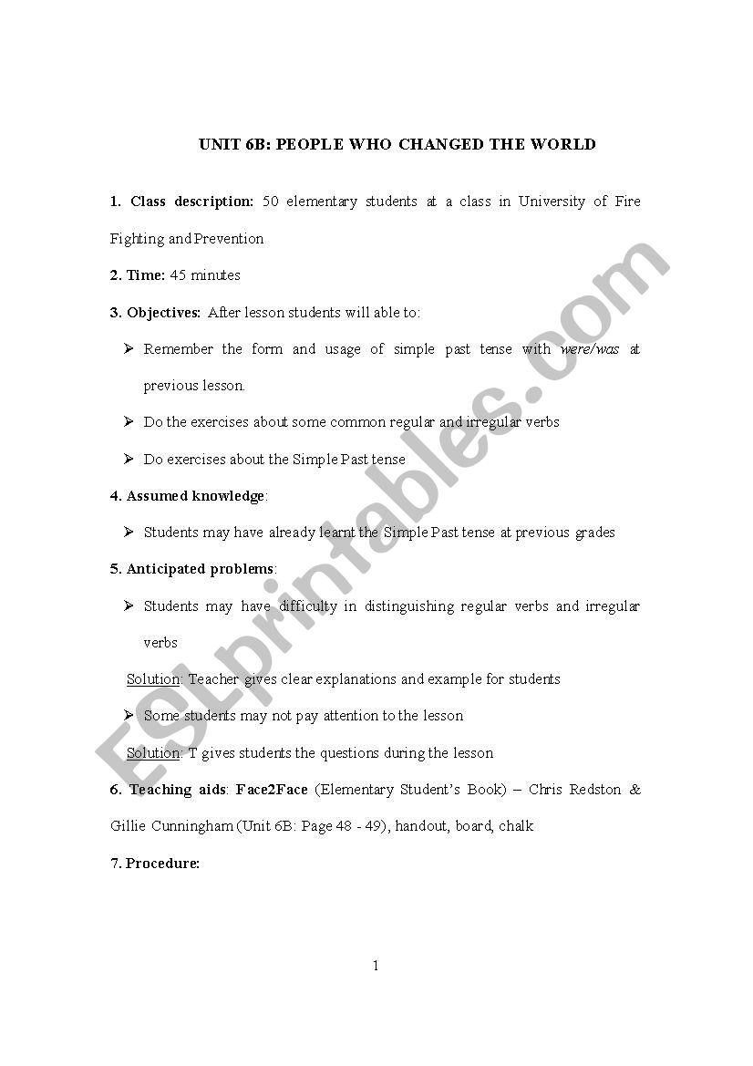 Lesson Plan Face 2 Face (Elementary)_Unit 6