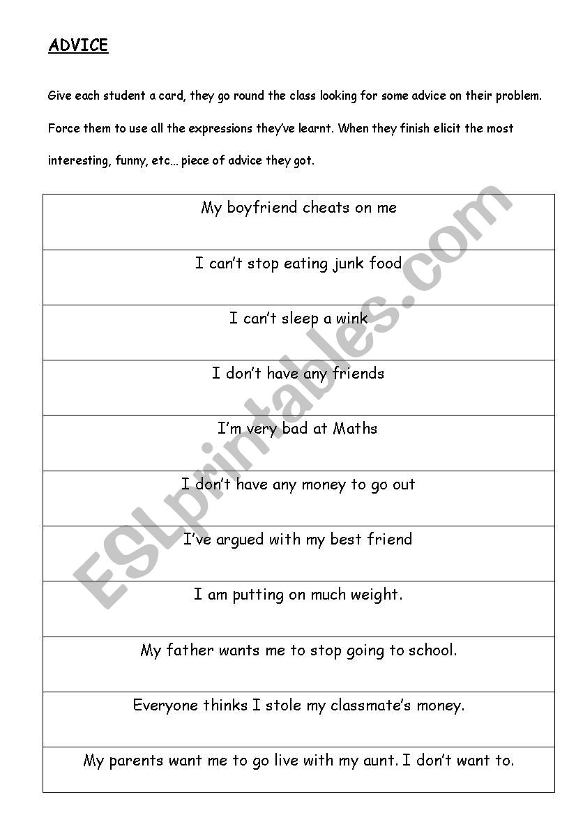 Giving advice worksheet