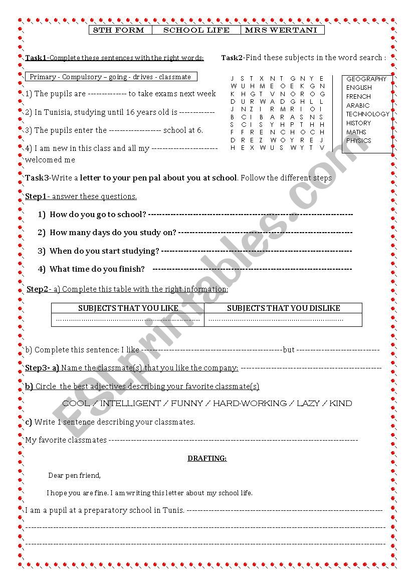 SCHOOL LIFE 8 TH FORM worksheet