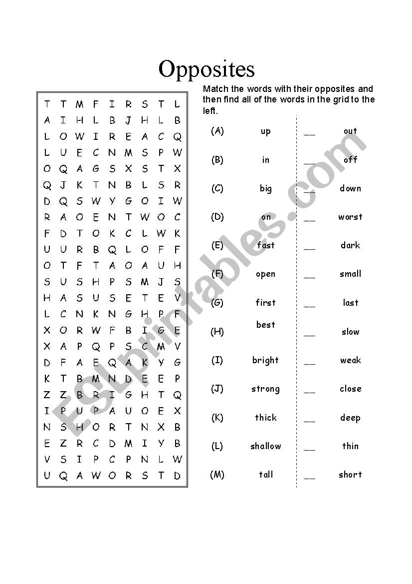 Opposites wordsearch worksheet