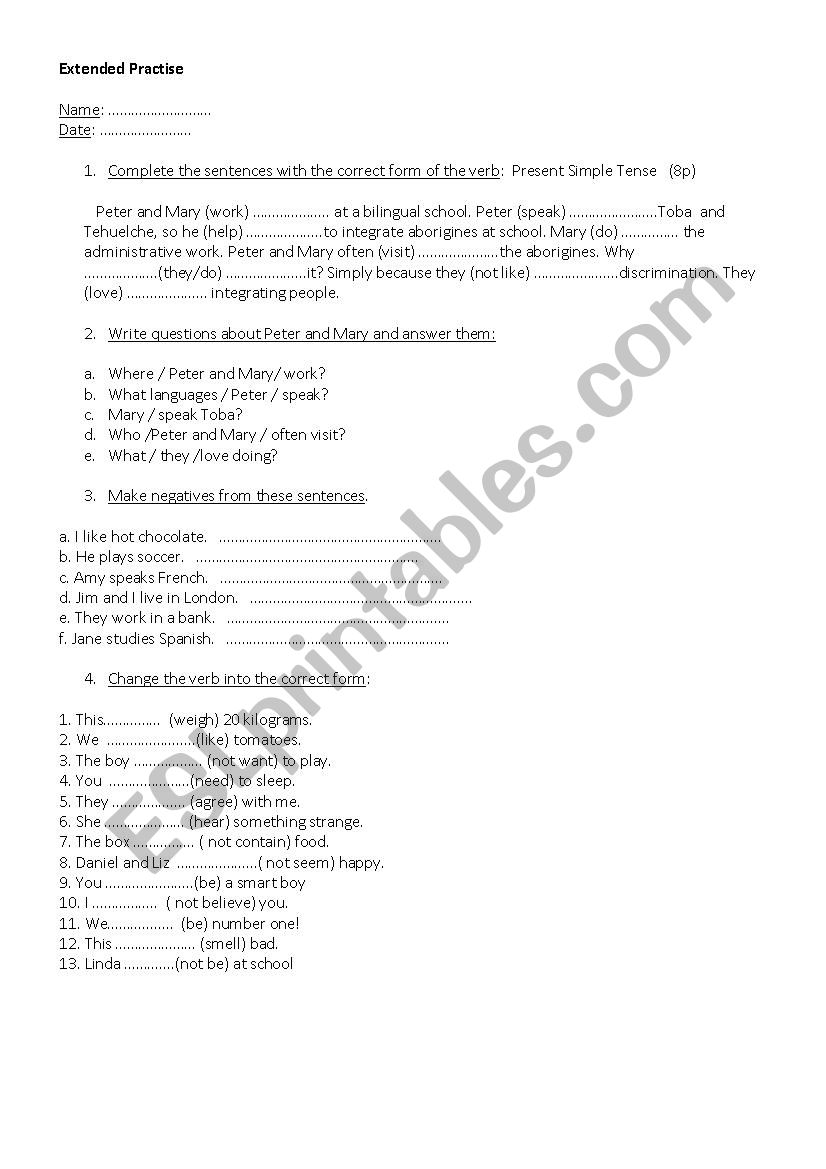 PRESENT SIMPLE TENSE worksheet