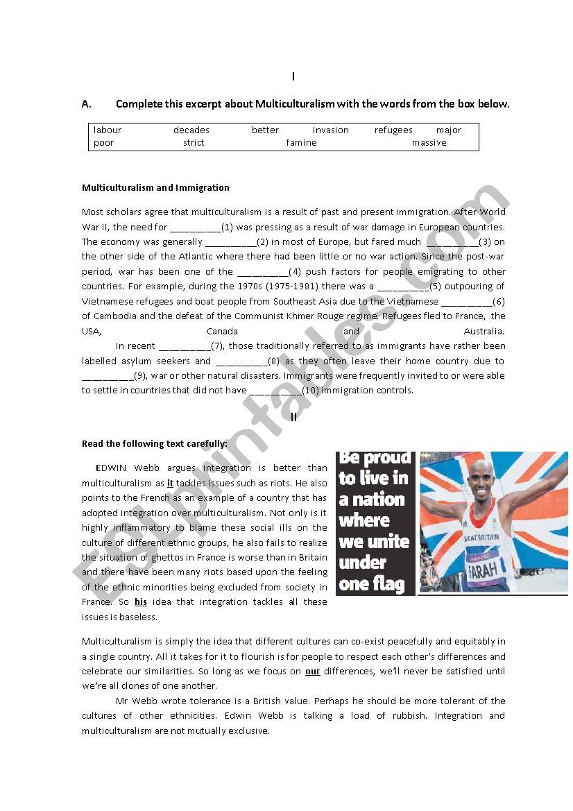 Multiculturalism worksheet