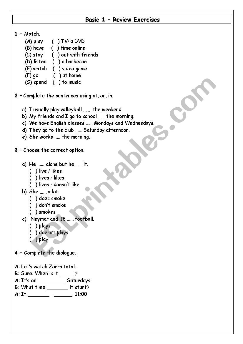 prepositions (in/on/at) simple present exercises
