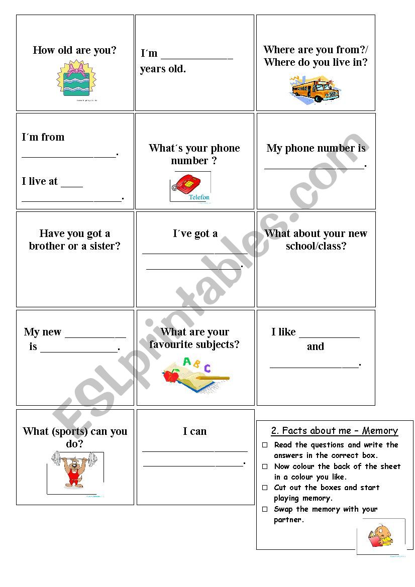 Facts about me Memory worksheet