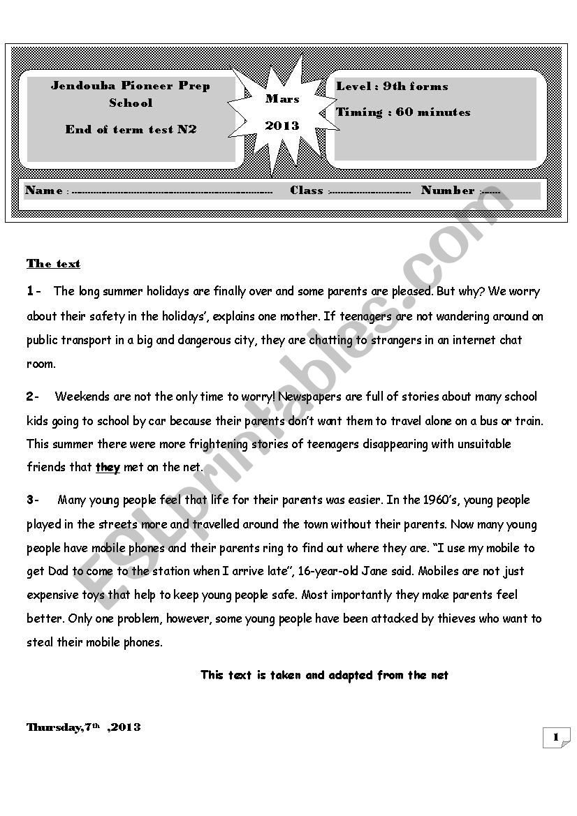 pioneer end of term test Mars 2013